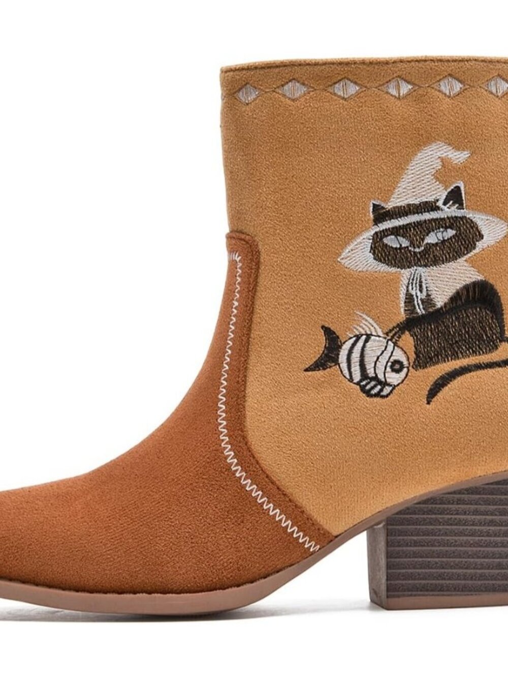 Women's Brown Western Boots Cowgirl Low Chunky Heel Pointed Toe Mid - Picture 3 of 5